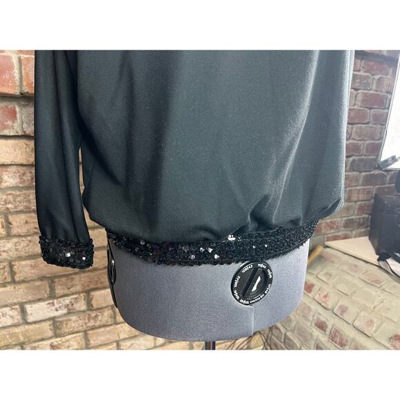 Blouse black sequin hem cuffs shoulder pads 1980s glam - Picture 3 of 8